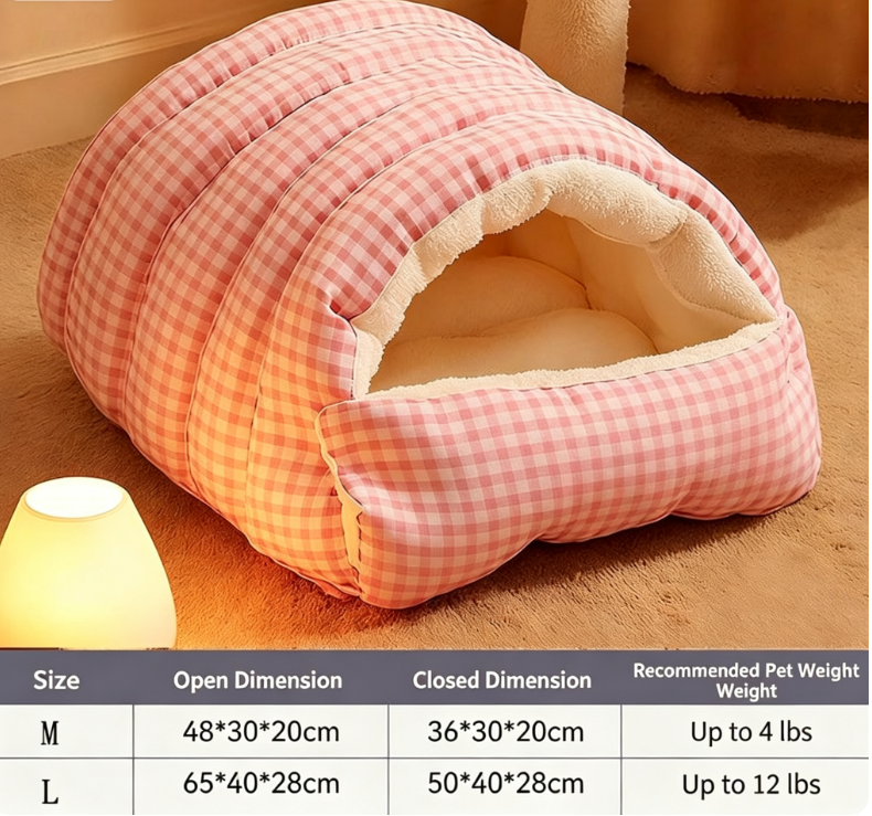 Warm Cozy Plush Pet Cave | Cute Safe Hideaway Cat Bed with Removable Cushion