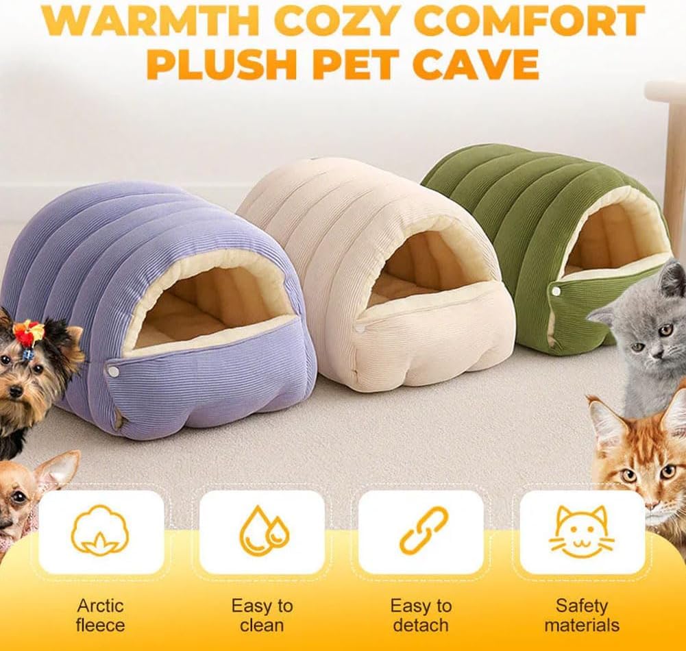 Warm Cozy Plush Pet Cave | Cute Safe Hideaway Cat Bed with Removable Cushion