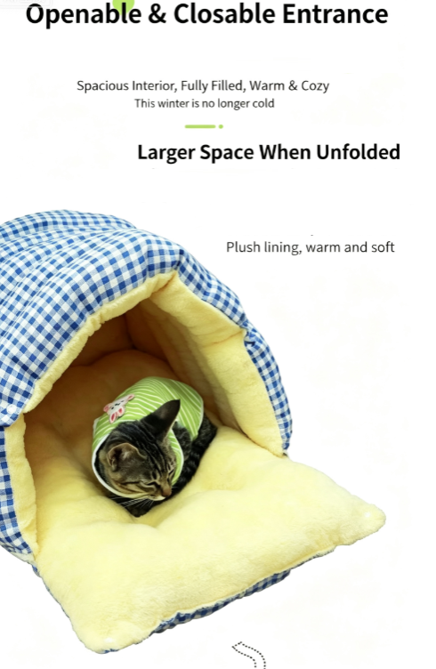 Warm Cozy Plush Pet Cave | Cute Safe Hideaway Cat Bed with Removable Cushion