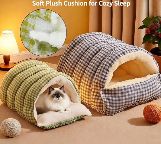 Warm Cozy Plush Pet Cave | Cute Safe Hideaway Cat Bed with Removable Cushion